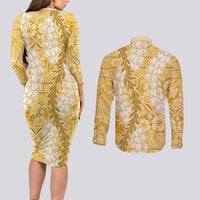 Gold Puakenikeni and Maile Lei Couples Matching Long Sleeve Bodycon Dress and Long Sleeve Button Shirt Hawaiian Style Tribal Tapa Double Strand Lei LT9 - Polynesian Pride