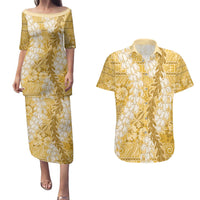 Gold Puakenikeni and Maile Lei Couples Matching Puletasi and Hawaiian Shirt Hawaiian Style Tribal Tapa Double Strand Lei LT9 Gold - Polynesian Pride