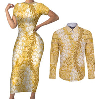 Gold Puakenikeni and Maile Lei Couples Matching Short Sleeve Bodycon Dress and Long Sleeve Button Shirt Hawaiian Style Tribal Tapa Double Strand Lei LT9 Gold - Polynesian Pride