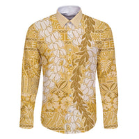 Gold Puakenikeni and Maile Lei Family Matching Long Sleeve Bodycon Dress and Hawaiian Shirt Hawaiian Style Tribal Tapa Double Strand Lei LT9 Dad's Shirt - Long Sleeve Gold - Polynesian Pride