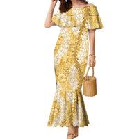 Gold Puakenikeni and Maile Lei Family Matching Mermaid Dress and Hawaiian Shirt Hawaiian Style Tribal Tapa Double Strand Lei LT9 Mom's Dress Gold - Polynesian Pride
