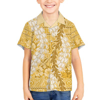 Gold Puakenikeni and Maile Lei Family Matching Off The Shoulder Long Sleeve Dress and Hawaiian Shirt Hawaiian Style Tribal Tapa Double Strand Lei LT9 Son's Shirt Gold - Polynesian Pride