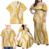 Gold Puakenikeni and Maile Lei Family Matching Off Shoulder Maxi Dress and Hawaiian Shirt Hawaiian Style Tribal Tapa Double Strand Lei LT9 - Polynesian Pride
