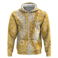 Gold Puakenikeni and Maile Lei Hoodie Hawaiian Style Tribal Tapa Double Strand Lei LT9 Zip Hoodie Gold - Polynesian Pride