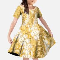 Gold Puakenikeni and Maile Lei Kid Short Sleeve Dress Hawaiian Style Tribal Tapa Double Strand Lei LT9 KID Gold - Polynesian Pride