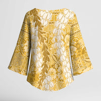 Gold Puakenikeni and Maile Lei Kimono Sleeve Blouse Hawaiian Style Tribal Tapa Double Strand Lei LT9 - Polynesian Pride