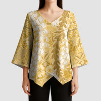 Gold Puakenikeni and Maile Lei Kimono Sleeve Blouse Hawaiian Style Tribal Tapa Double Strand Lei LT9 - Polynesian Pride