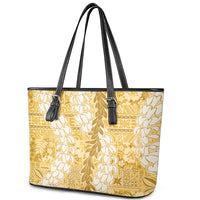 Gold Puakenikeni and Maile Lei Leather Tote Bag Hawaiian Style Tribal Tapa Double Strand Lei LT9 - Polynesian Pride
