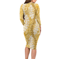 Gold Puakenikeni and Maile Lei Long Sleeve Bodycon Dress Hawaiian Style Tribal Tapa Double Strand Lei LT9 - Polynesian Pride