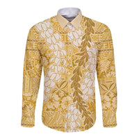 Gold Puakenikeni and Maile Lei Long Sleeve Button Shirt Hawaiian Style Tribal Tapa Double Strand Lei LT9 Unisex Gold - Polynesian Pride