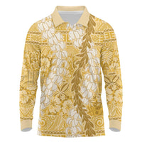 Gold Puakenikeni and Maile Lei Long Sleeve Polo Shirt Hawaiian Style Tribal Tapa Double Strand Lei LT9 Gold - Polynesian Pride