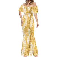 Gold Puakenikeni and Maile Lei Mermaid Dress Hawaiian Style Tribal Tapa Double Strand Lei LT9 - Polynesian Pride