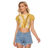 Gold Puakenikeni and Maile Lei Raglan Cropped T Shirt Hawaiian Style Tribal Tapa Double Strand Lei LT9 Female Gold - Polynesian Pride