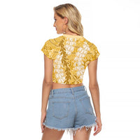 Gold Puakenikeni and Maile Lei Raglan Cropped T Shirt Hawaiian Style Tribal Tapa Double Strand Lei LT9 - Polynesian Pride