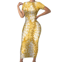 Gold Puakenikeni and Maile Lei Short Sleeve Bodycon Dress Hawaiian Style Tribal Tapa Double Strand Lei LT9 Long Dress Gold - Polynesian Pride