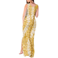 Gold Puakenikeni and Maile Lei Tank Maxi Dress Hawaiian Style Tribal Tapa Double Strand Lei LT9 - Polynesian Pride