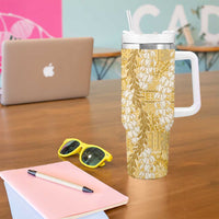Gold Puakenikeni and Maile Lei Tumbler With Handle Hawaiian Style Tribal Tapa Double Strand Lei LT9 - Polynesian Pride