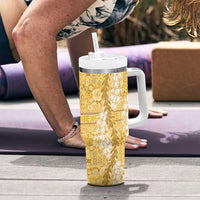 Gold Puakenikeni and Maile Lei Tumbler With Handle Hawaiian Style Tribal Tapa Double Strand Lei LT9 - Polynesian Pride