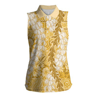 Gold Puakenikeni and Maile Lei Women Sleeveless Polo Shirt Hawaiian Style Tribal Tapa Double Strand Lei LT9 Female Gold - Polynesian Pride