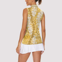 Gold Puakenikeni and Maile Lei Women Sleeveless Polo Shirt Hawaiian Style Tribal Tapa Double Strand Lei LT9 - Polynesian Pride
