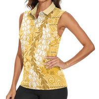Gold Puakenikeni and Maile Lei Women Sleeveless Polo Shirt Hawaiian Style Tribal Tapa Double Strand Lei LT9 - Polynesian Pride