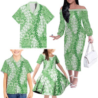 Green Puakenikeni and Maile Lei Family Matching Off The Shoulder Long Sleeve Dress and Hawaiian Shirt Hawaiian Style Tribal Tapa Double Strand Lei LT9 - Polynesian Pride