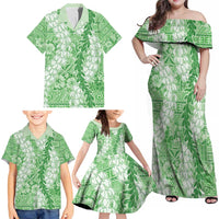 Green Puakenikeni and Maile Lei Family Matching Off Shoulder Maxi Dress and Hawaiian Shirt Hawaiian Style Tribal Tapa Double Strand Lei LT9 - Polynesian Pride
