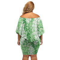 Green Puakenikeni and Maile Lei Family Matching Off Shoulder Short Dress and Hawaiian Shirt Hawaiian Style Tribal Tapa Double Strand Lei LT9 - Polynesian Pride