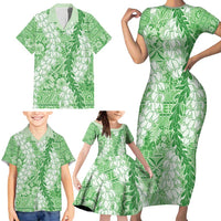 Green Puakenikeni and Maile Lei Family Matching Short Sleeve Bodycon Dress and Hawaiian Shirt Hawaiian Style Tribal Tapa Double Strand Lei LT9 - Polynesian Pride
