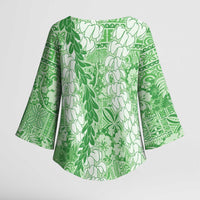 Green Puakenikeni and Maile Lei Kimono Sleeve Blouse Hawaiian Style Tribal Tapa Double Strand Lei LT9 - Polynesian Pride