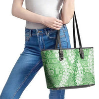 Green Puakenikeni and Maile Lei Leather Tote Bag Hawaiian Style Tribal Tapa Double Strand Lei LT9 - Polynesian Pride