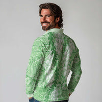 Green Puakenikeni and Maile Lei Long Sleeve Polo Shirt Hawaiian Style Tribal Tapa Double Strand Lei LT9 - Polynesian Pride
