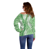 Green Puakenikeni and Maile Lei Off Shoulder Sweater Hawaiian Style Tribal Tapa Double Strand Lei LT9 - Polynesian Pride