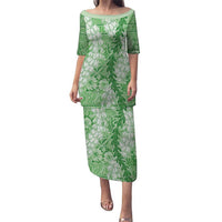 Green Puakenikeni and Maile Lei Puletasi Hawaiian Style Tribal Tapa Double Strand Lei LT9 Long Dress Green - Polynesian Pride