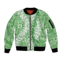 Green Puakenikeni and Maile Lei Sleeve Zip Bomber Jacket Hawaiian Style Tribal Tapa Double Strand Lei LT9 Unisex Green - Polynesian Pride