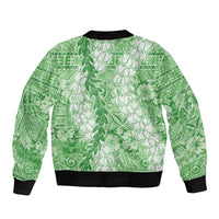 Green Puakenikeni and Maile Lei Sleeve Zip Bomber Jacket Hawaiian Style Tribal Tapa Double Strand Lei LT9 - Polynesian Pride
