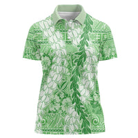Green Puakenikeni and Maile Lei Women Polo Shirt Hawaiian Style Tribal Tapa Double Strand Lei LT9 Female Green - Polynesian Pride