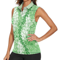 Green Puakenikeni and Maile Lei Women Sleeveless Polo Shirt Hawaiian Style Tribal Tapa Double Strand Lei LT9 - Polynesian Pride