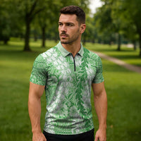 Green Puakenikeni and Maile Lei Zipper Polo Shirt Hawaiian Style Tribal Tapa Double Strand Lei LT9 - Polynesian Pride