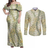 Vintage Puakenikeni and Maile Lei Couples Matching Off Shoulder Maxi Dress and Long Sleeve Button Shirt Hawaiian Style Tribal Tapa Double Strand Lei LT9 Vintage - Polynesian Pride