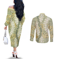 Vintage Puakenikeni and Maile Lei Couples Matching Off The Shoulder Long Sleeve Dress and Long Sleeve Button Shirt Hawaiian Style Tribal Tapa Double Strand Lei LT9 - Polynesian Pride