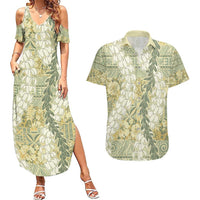 Vintage Puakenikeni and Maile Lei Couples Matching Summer Maxi Dress and Hawaiian Shirt Hawaiian Style Tribal Tapa Double Strand Lei LT9 Vintage - Polynesian Pride