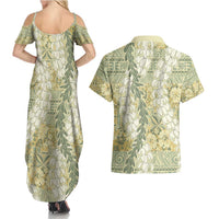 Vintage Puakenikeni and Maile Lei Couples Matching Summer Maxi Dress and Hawaiian Shirt Hawaiian Style Tribal Tapa Double Strand Lei LT9 - Polynesian Pride