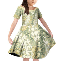 Vintage Puakenikeni and Maile Lei Family Matching Off Shoulder Short Dress and Hawaiian Shirt Hawaiian Style Tribal Tapa Double Strand Lei LT9 Daughter's Dress Vintage - Polynesian Pride