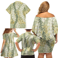 Vintage Puakenikeni and Maile Lei Family Matching Off Shoulder Short Dress and Hawaiian Shirt Hawaiian Style Tribal Tapa Double Strand Lei LT9 - Polynesian Pride