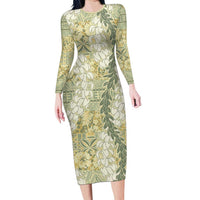 Vintage Puakenikeni and Maile Lei Long Sleeve Bodycon Dress Hawaiian Style Tribal Tapa Double Strand Lei LT9 Long Dress Vintage - Polynesian Pride