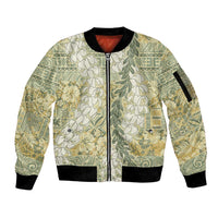 Vintage Puakenikeni and Maile Lei Sleeve Zip Bomber Jacket Hawaiian Style Tribal Tapa Double Strand Lei LT9 Unisex Vintage - Polynesian Pride