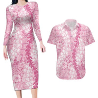 Pink Puakenikeni and Maile Lei Couples Matching Long Sleeve Bodycon Dress and Hawaiian Shirt Hawaiian Style Tribal Tapa Double Strand Lei LT9 Pink - Polynesian Pride