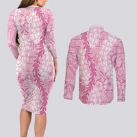 Pink Puakenikeni and Maile Lei Couples Matching Long Sleeve Bodycon Dress and Long Sleeve Button Shirt Hawaiian Style Tribal Tapa Double Strand Lei LT9 - Polynesian Pride