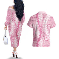 Pink Puakenikeni and Maile Lei Couples Matching Off The Shoulder Long Sleeve Dress and Hawaiian Shirt Hawaiian Style Tribal Tapa Double Strand Lei LT9 - Polynesian Pride